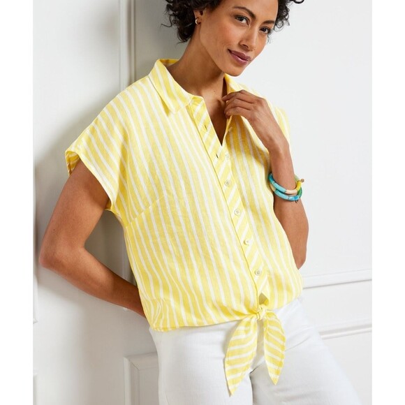 Talbots Tops - Talbots Size L Petite Blouse 100% Linen Front Tie Waist Yellow Striped Coastal